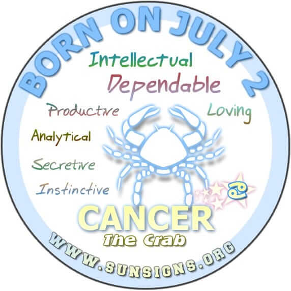 IF YOU ARE BORN ON JULY 2, then your zodiac sign is Cancer and you are likely to be loyal, calculative and affectionate