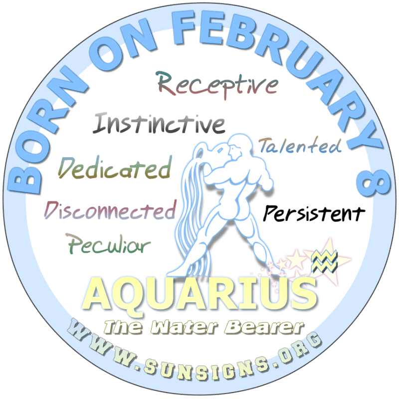 IF YOUR BIRTHDAY IS ON FEBRUARY 8th, you can be creative, shy and gentle depending on what side of the Aquarian coin you toss. You are unique and basically, people like your determination. What your birthdate says about you is that your past may have negative affects on you today. Most of you are difficult to know.