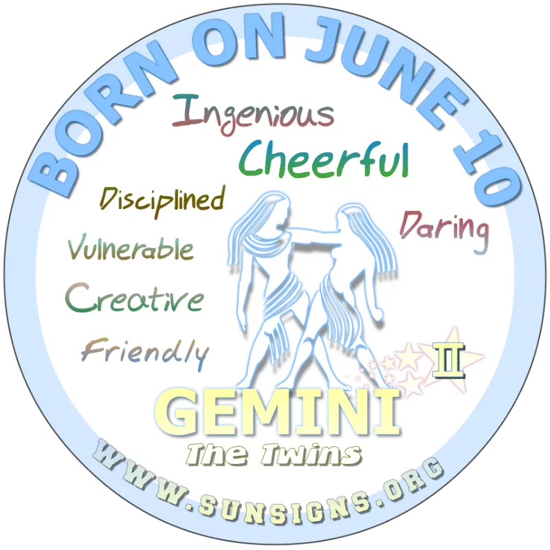 If you were BORN ON THIS DAY, June 10th, your birthday meaning says that you possess a natural ability to express yourself, as you are the friendly and practical person. Additionally, you have the potential to be successful, Gemini. You love making your fantasies come true. You have a natural gusto for life.