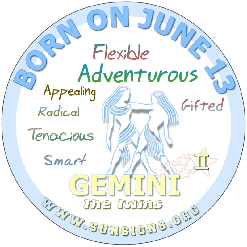 If your BIRTHDATE IS ON June 13th, as a weakness, you could be self-centered. You may have a radical attitude toward certain things. Gemini may have ideas that go beyond most people’s comprehension. Perhaps parenting should be left up to someone else.