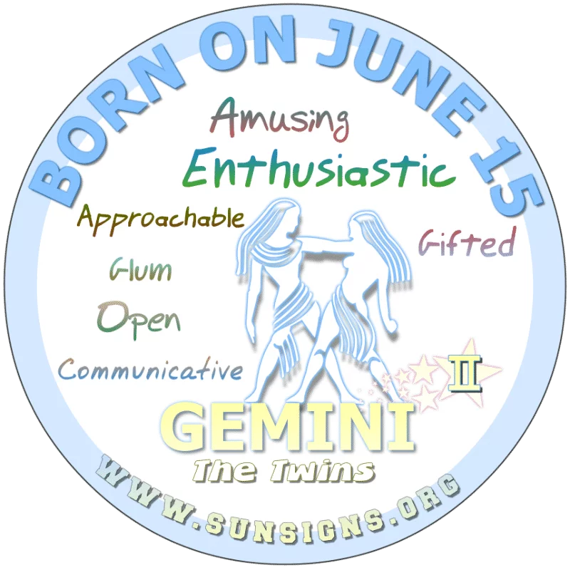 If your BIRTHDAY IS ON THIS DAY, June 15th, you can be understanding. You are a positive individualist. The perfect partnerships endorses this zodiac birthdate Gemini’s need for freedom. You take pride in your work. You set standards that are inclined to keep you looking and feeling good.