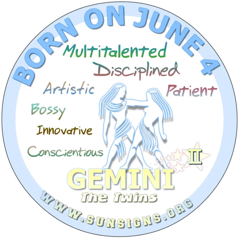 If you were BORN ON THIS DAY, June 4th, you can be a ray of sunshine and it is likely that you will have an impact on how other folks feel. A Gemini will likely have excellent communication skills. You can be geeky or artistic. You may have had more lovers than expected.