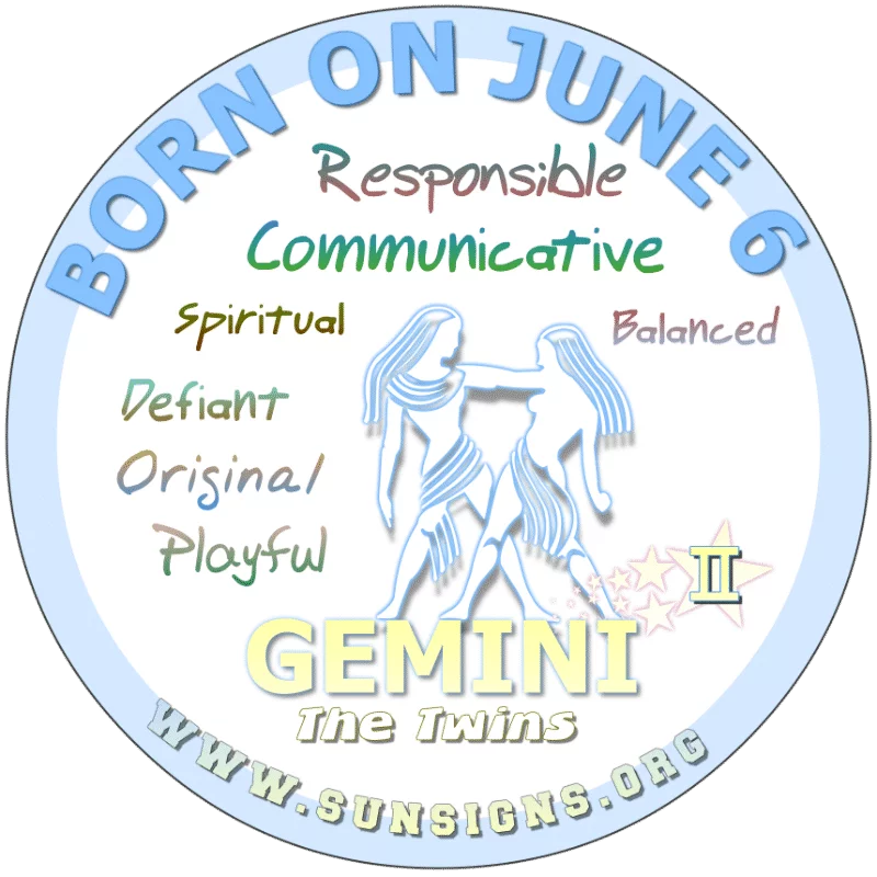 If you are a GEMINI BIRTH DAY, June 6th, you can possibly change someone‘s mind or to sell them something. Perhaps you would do well in public speaking or marketing. You do you make a great sum of money but you plan and budget your money.
