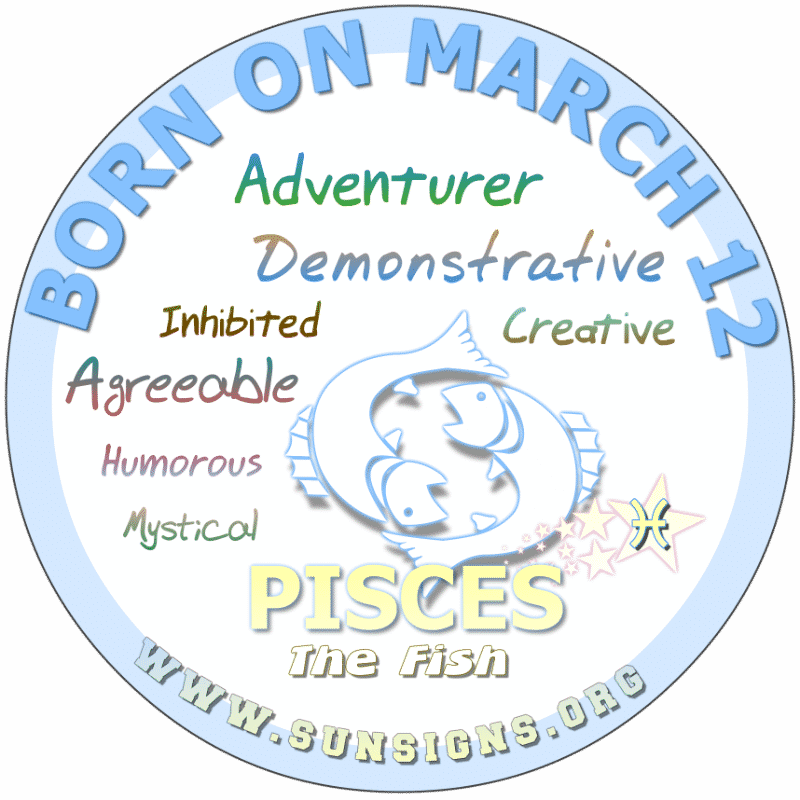 IF YOUR BIRTHDAY IS March 12, you are a Pisces that loves surprises and living life on the edge. Your birthdate horoscope profile shows you to be playful and agreeable. Those born on this birthdate 12 March, have many options as a career. Overall, you are a successful individual that any lover would be lucky to have.