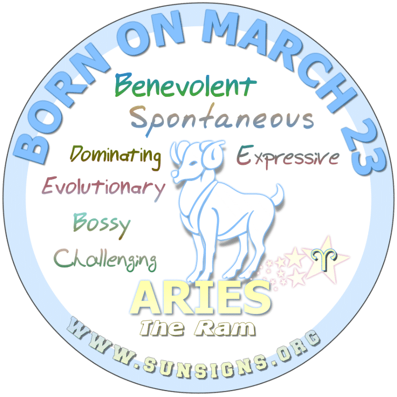 IF YOUR BIRTH DATE IS March 23, you are good hearted but you are likely to be domineering. Those you born under the zodiac sign Aries generally start things that never get finished. You are known to change your mind in a heartbeat. You, however, have little tolerance for lies and deceit.