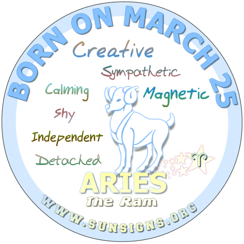 IF YOUR BIRTH DATE IS March 25, you could be a dreamer. An Aries generally loves home life but need someone to share it with. You are a likable person but have few close friends. the March 25 birthday horoscope shows that you steal all the attention in the room when you walk in. However, you need to relax more and get regular check-ups done.