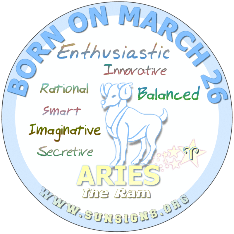 IF YOUR BIRTHDAY IS March 26, you could be an Aries that is a joy to have around. Perhaps, you are dependent on others for love and security. On the other hand, you are not in a hurry to marry. Your health is generally good but could benefit from regular check-ups.