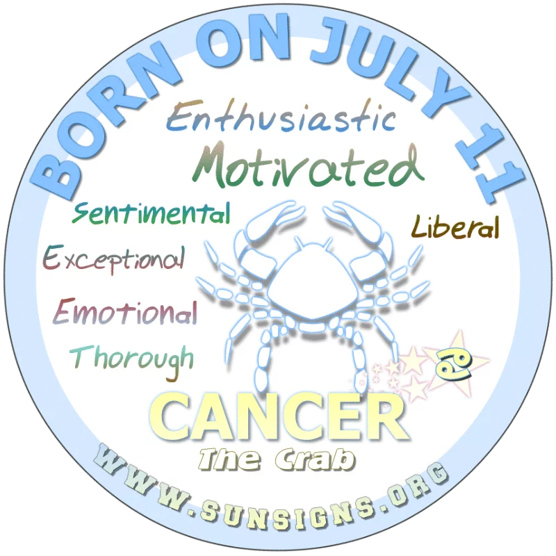 If you are BORN ON July 11th, then this zodiac birthday person has a romantic personality. Generally, you can be a sentimental dreamer. Nonetheless, you make your dreams come true. Additionally, you feel complete with money in the bank.