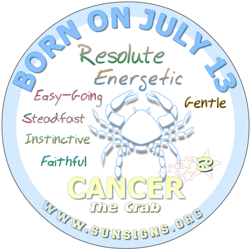 If your BIRTHDATE IS July 13th, security means little to you. You do not plan for the future. You should take care of yourself, as stress can be harmful to your health.