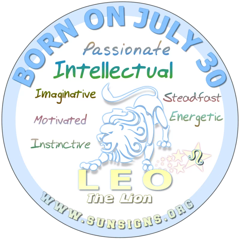 If YOUR BIRTHDATE IS ON July 30th, you are a Leo that has great potential to be to be an inspiration to someone as you certainly are resourceful, dramatic, and vocally clever. You can be an effective team player or the lead of such groups. However, you can be impulsive.