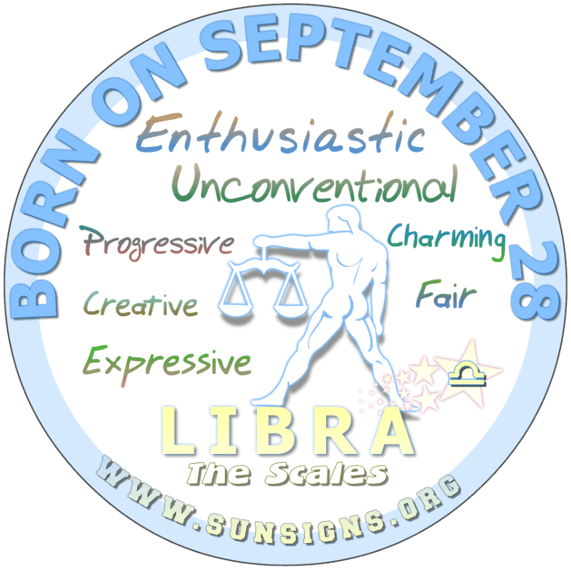 IF YOUR BIRTH DAY IS September 28th, then you are a charming but mood person. You value your freedom but the Libra zodiac sign is extremely impatient. Underneath your skin is a lovely person who is hard working but is indecisive.